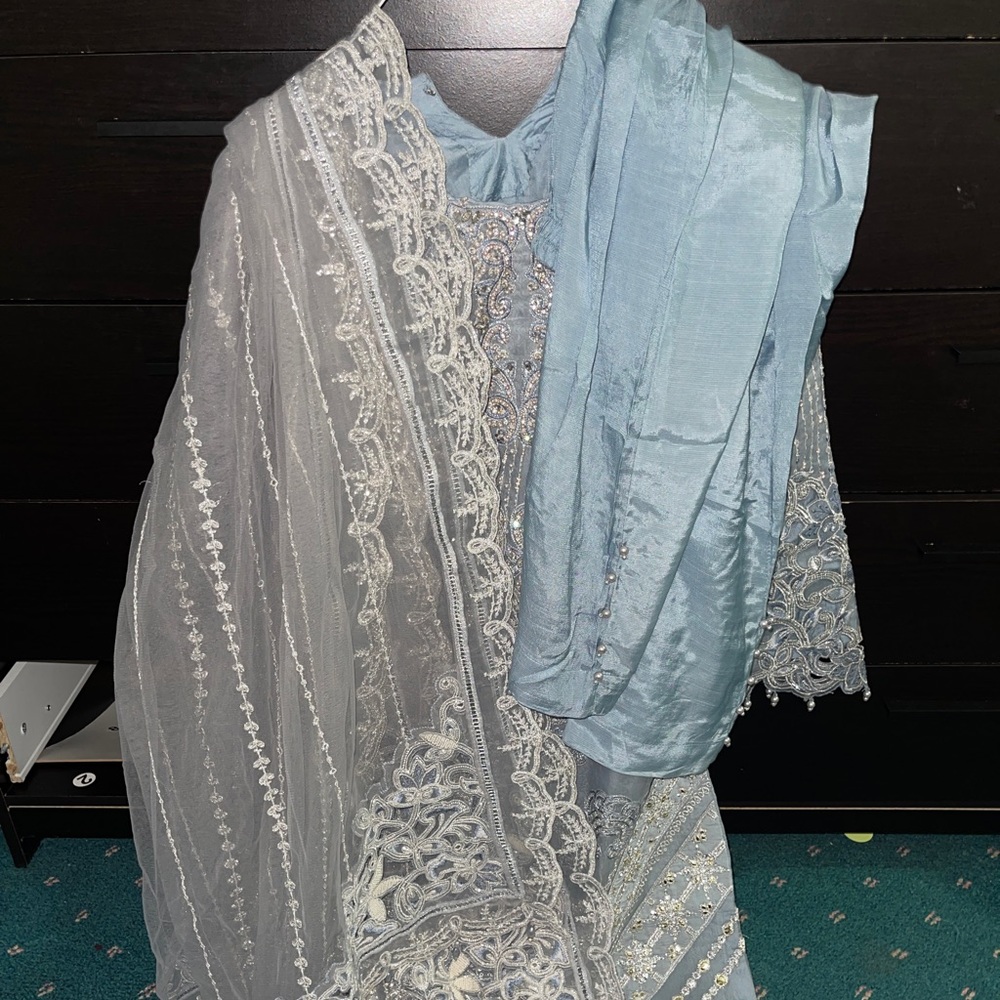 Pakistani/Indian Sky Blue Salwar Kameez with Matching Dupatta